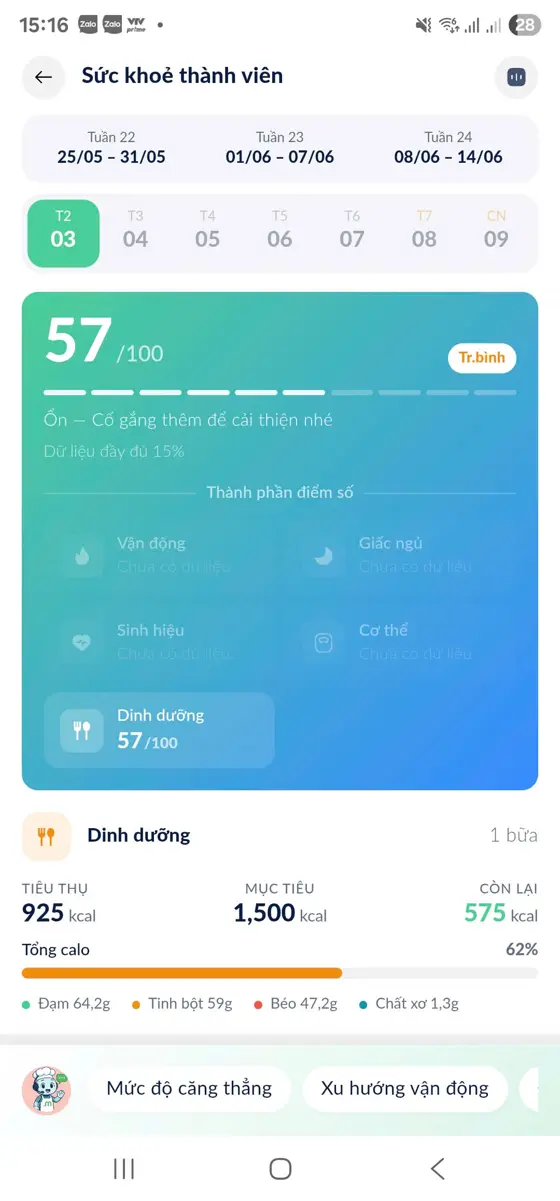 Màn hình app the Meal: Sức khoẻ cả nhà